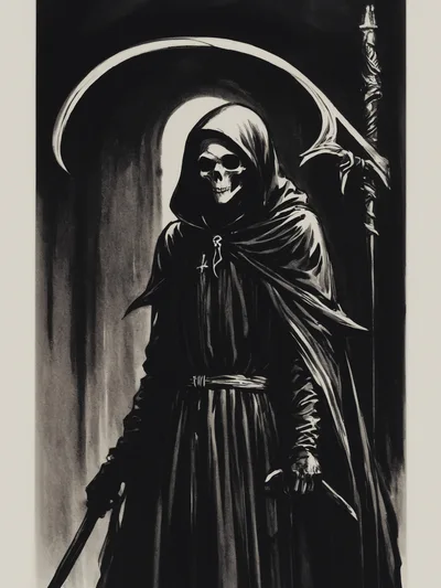 Grim Reaper Holding Scythe In Dark Cloak