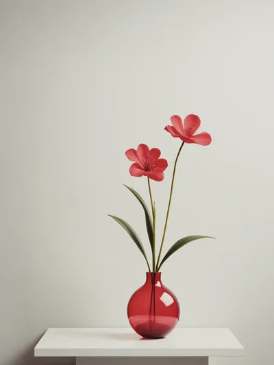 Two Red Flowers In A Minimalist Glass Vase