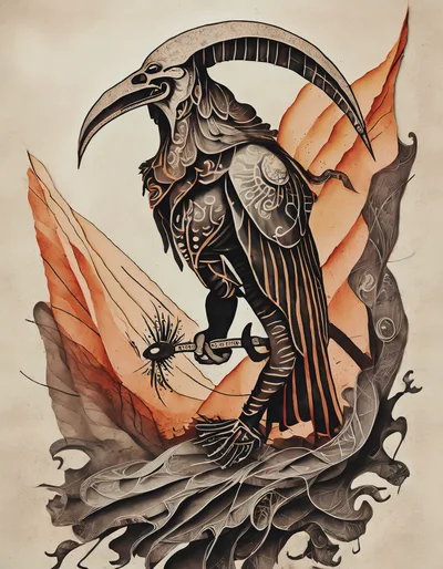 Surreal Illustration Of A Mythical Bird Deity