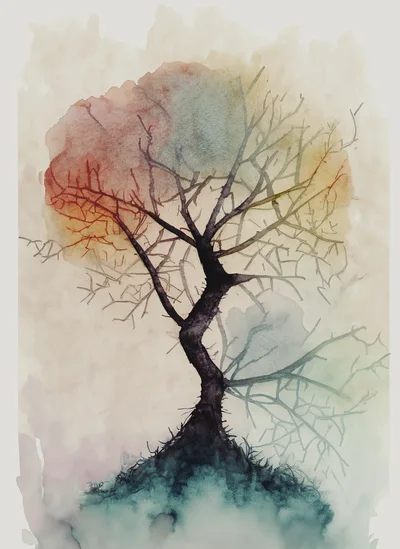 Watercolor Painting Of A Bare Tree On A Hill