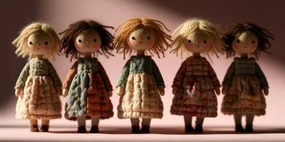 Five Handmade Wooden Dolls Standing In A Row