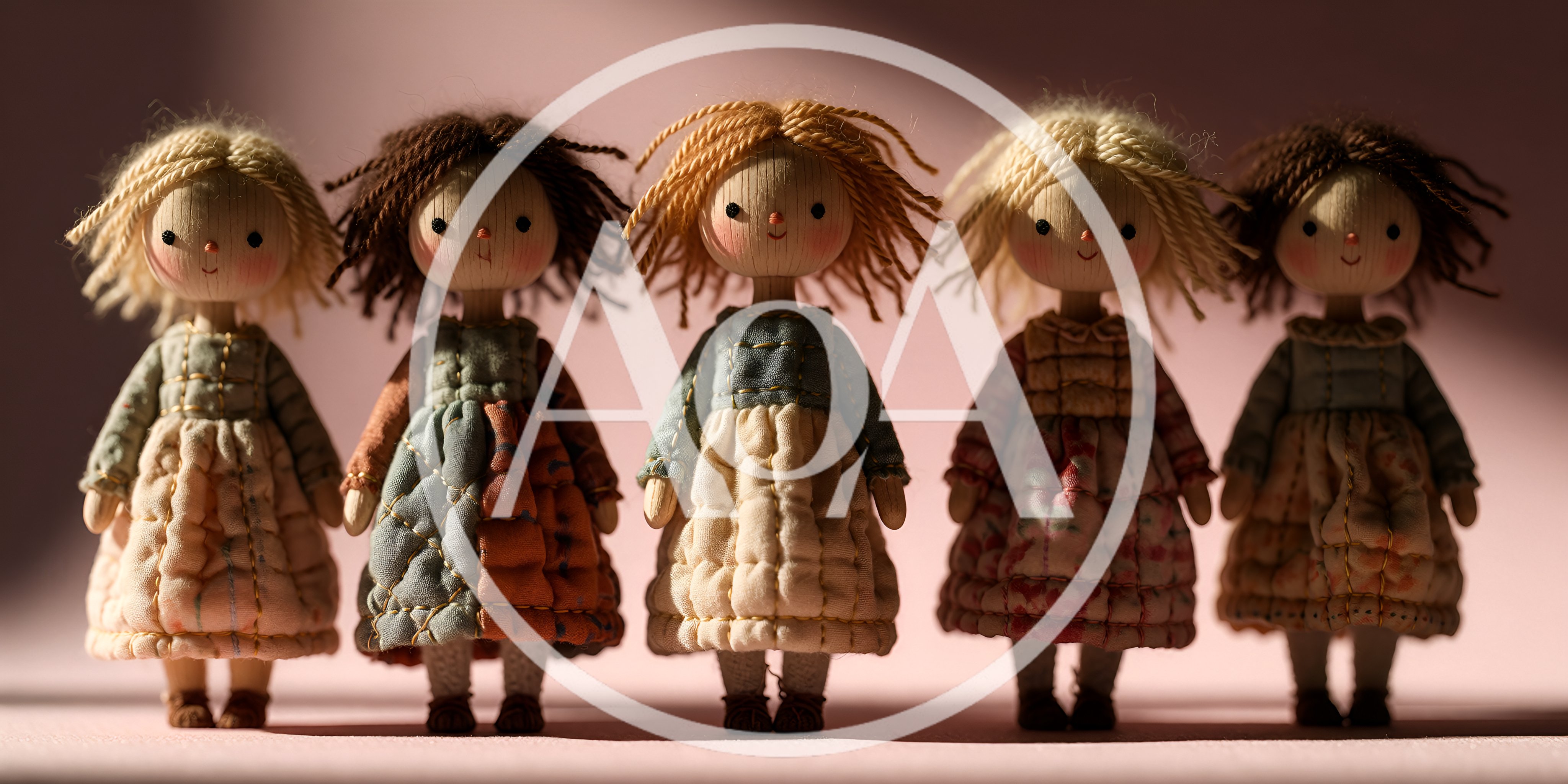 Five Handmade Wooden Dolls Standing In A Row