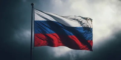Russian Flag Waving Against A Dramatic Stormy Sky