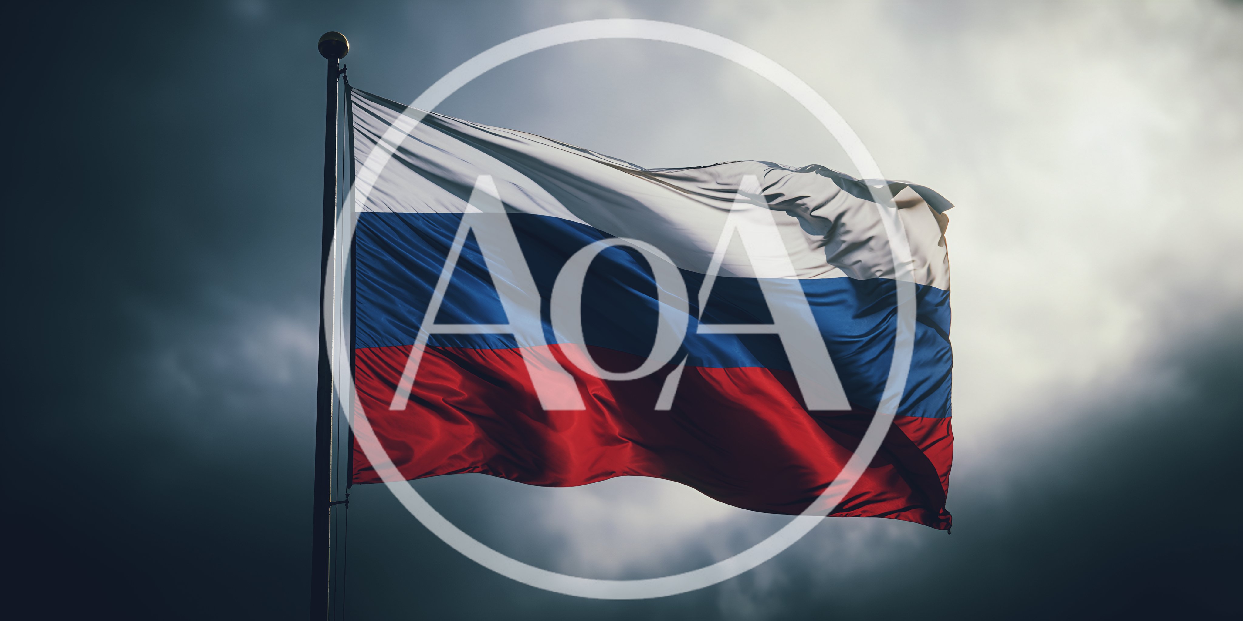 Russian Flag Waving Against A Dramatic Stormy Sky
