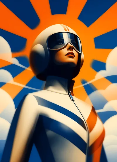 Retro Futuristic Female Pilot In Helmet And Flight Suit