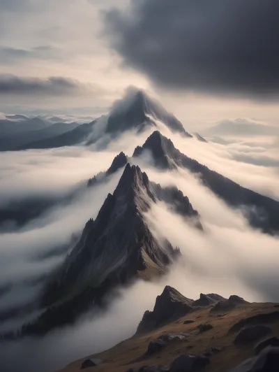 Jagged Mountain Peaks Rising Above A Sea Of Clouds