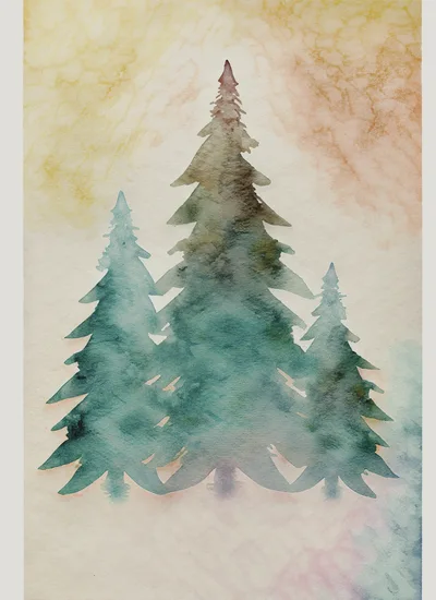 Watercolor Painting Of Three Evergreen Pine Trees