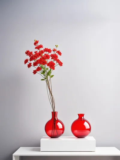 Red Flowers In Glass Vase On White Pedestal