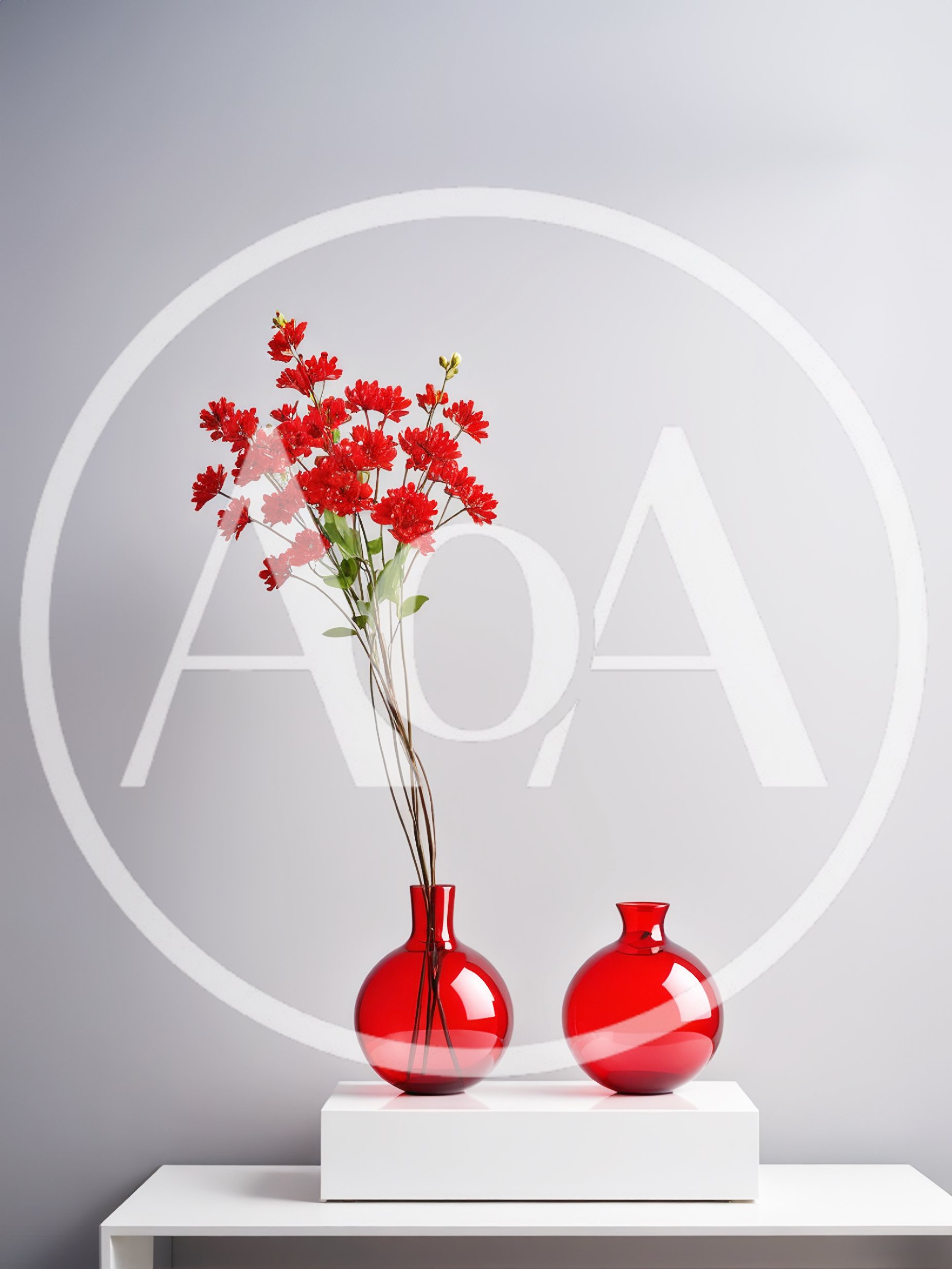 Red Flowers In Glass Vase On White Pedestal