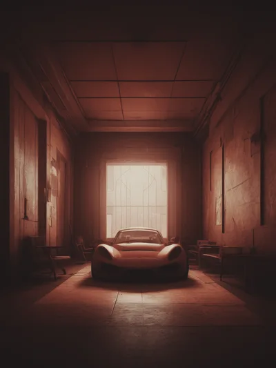 Vintage Sports Car Parked Inside Dimly Lit Garage
