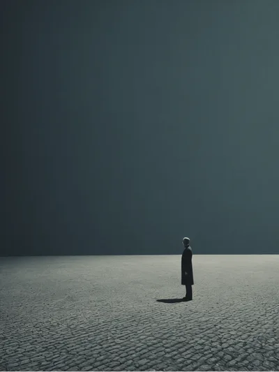 Lone Man Standing In A Vast Desolate Landscape