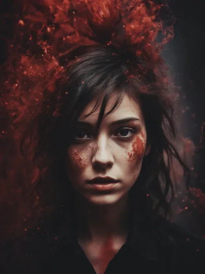 Portrait Of A Young Woman With Red Dust Particles