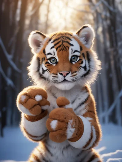 Cute Tiger Cub Posing In Snowy Forest