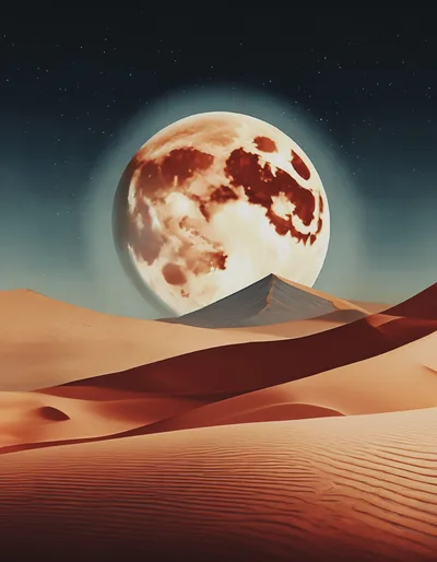 Giant Full Moon Over Desert Sand Dunes