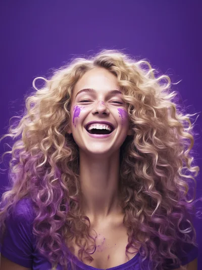 Joyful Young Woman With Curly Blonde Hair And Purple Paint