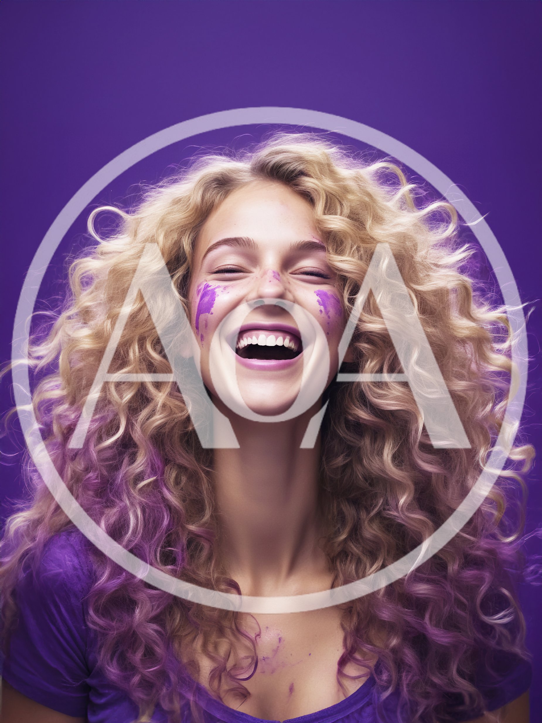 Joyful Young Woman With Curly Blonde Hair And Purple Paint