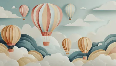 Paper Cutout Style Hot Air Balloons Floating Over Mountains