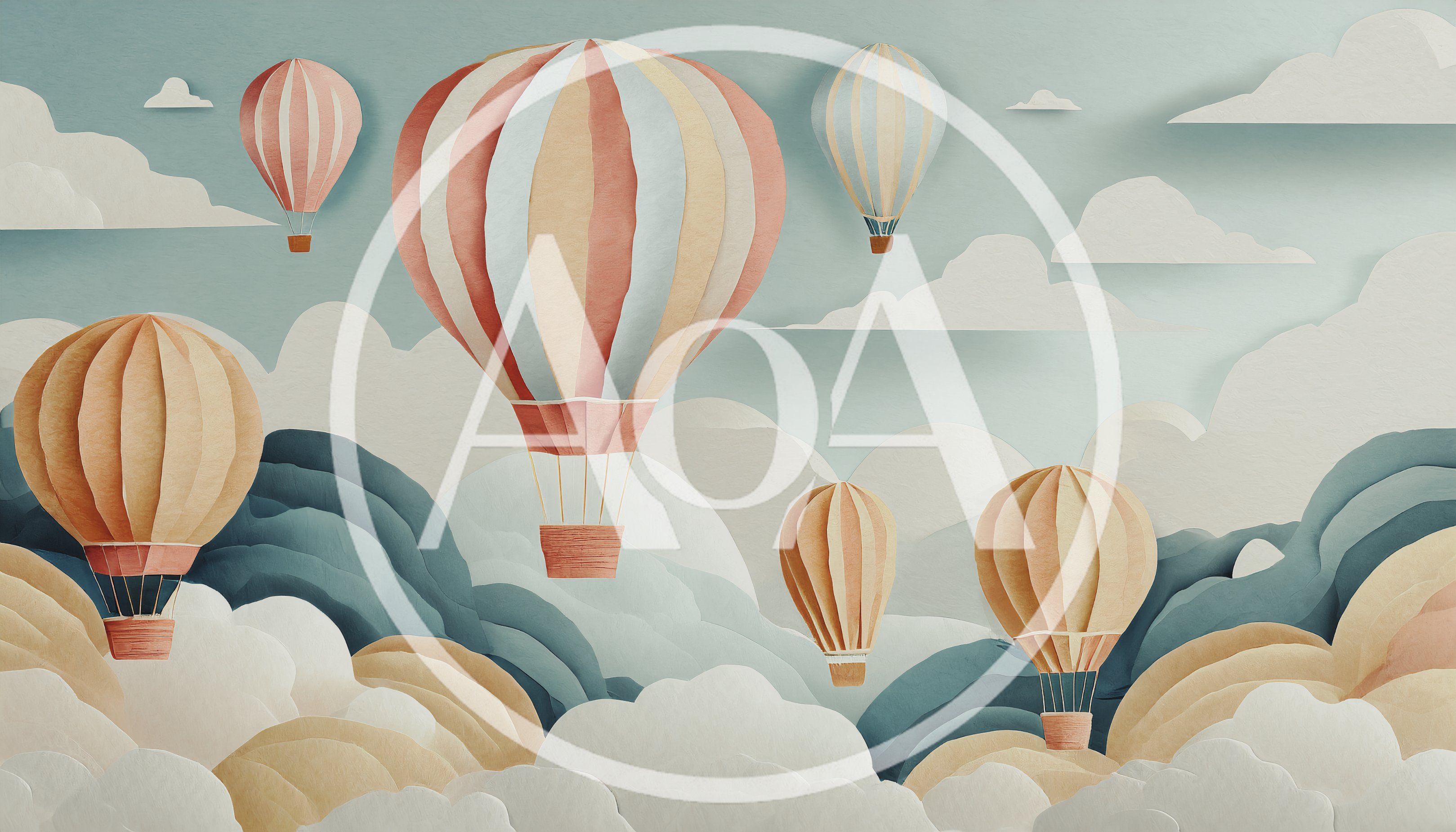 Paper Cutout Style Hot Air Balloons Floating Over Mountains