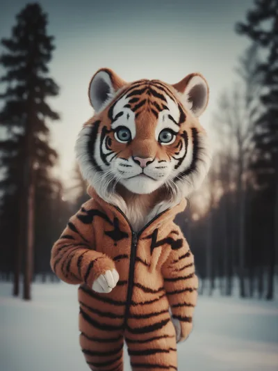 Cute Anthropomorphic Tiger Cub In Winter Forest