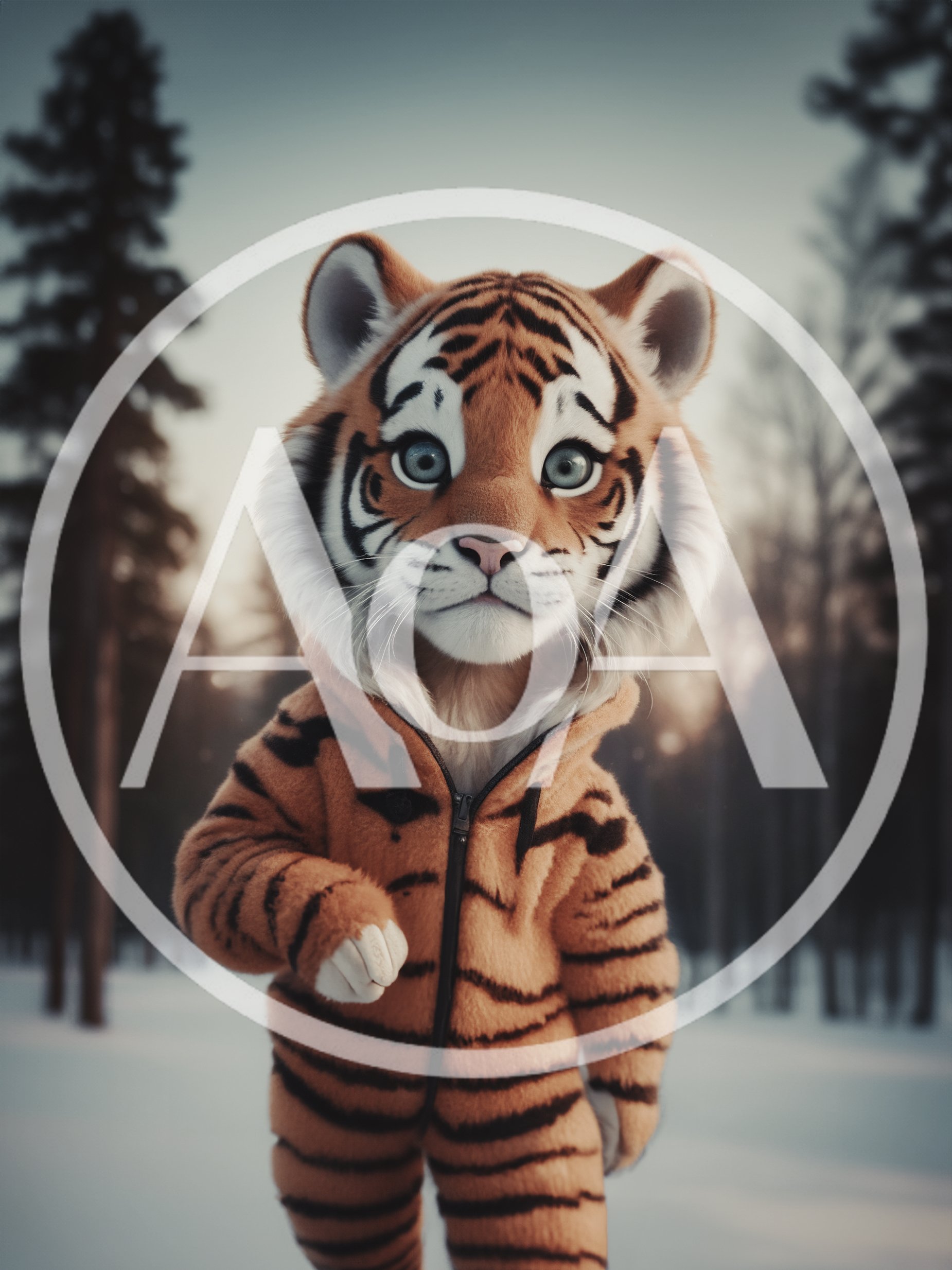 Cute Anthropomorphic Tiger Cub In Winter Forest