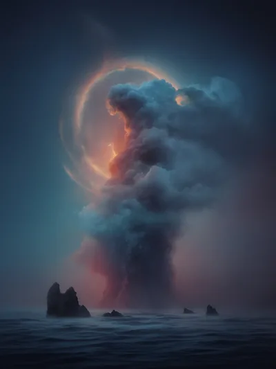 Surreal Volcanic Eruption Over Dark Ocean Waters