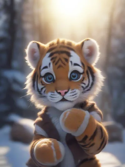 Adorable Baby Tiger Cub Standing In Snowy Forest