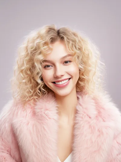 Portrait Of A Smiling Blonde Woman In A Pink Fur Coat