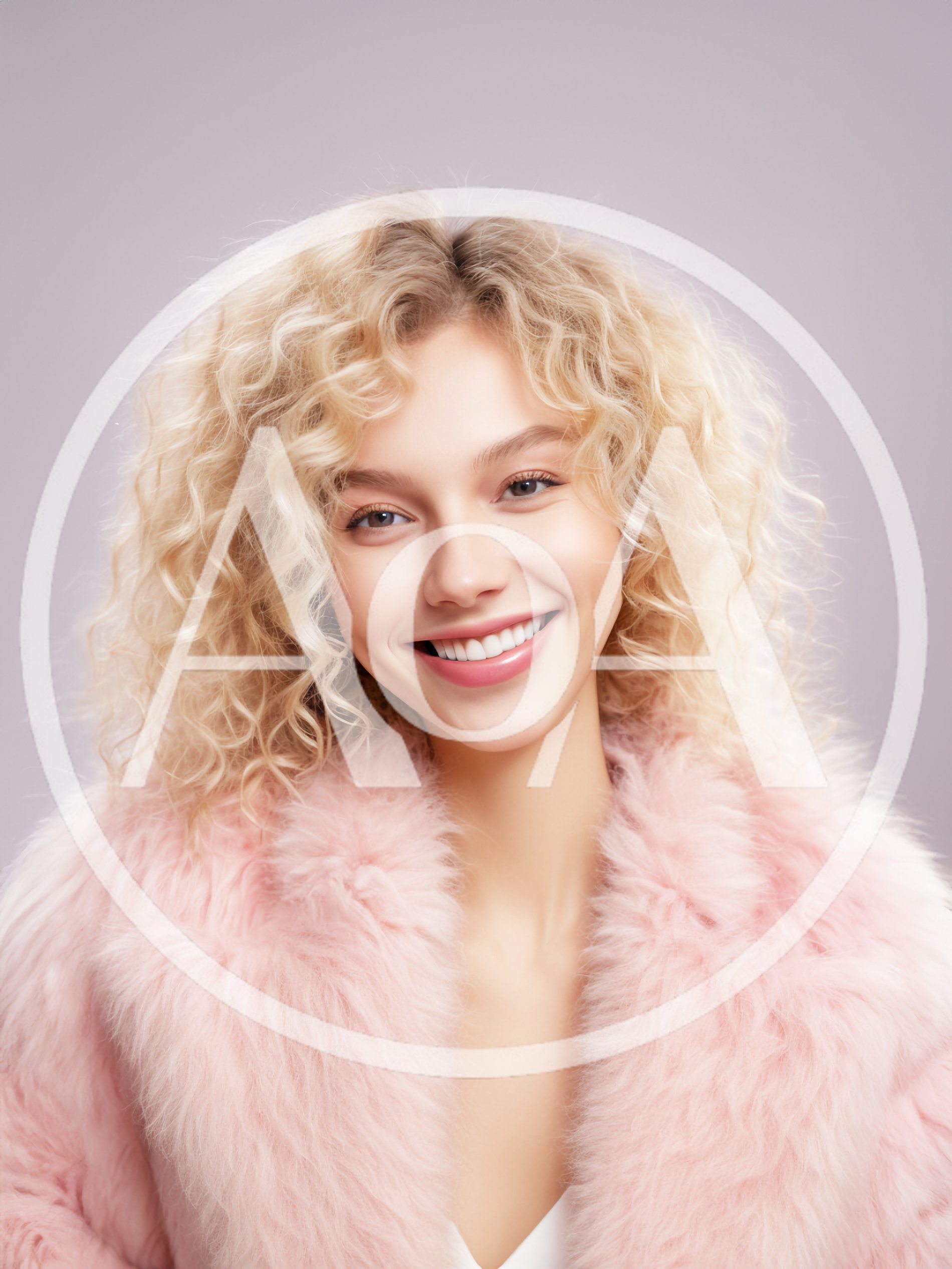 Portrait Of A Smiling Blonde Woman In A Pink Fur Coat