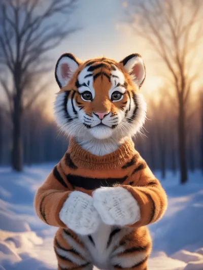 Cute Tiger Cub Wearing Sweater In Snowy Forest