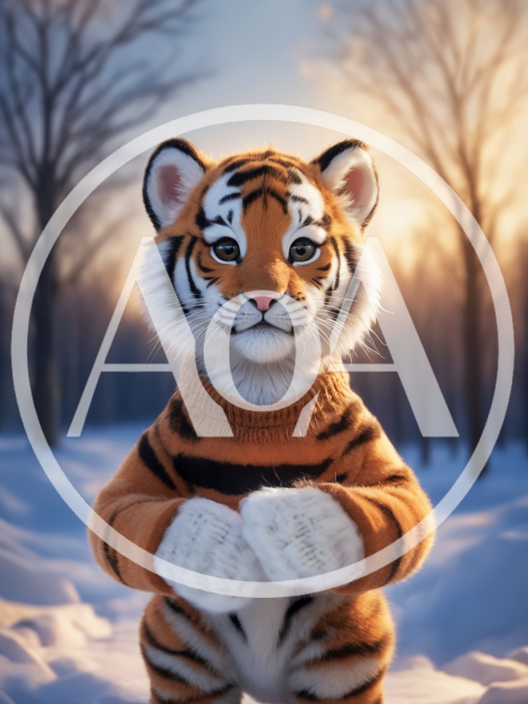 Cute Tiger Cub Wearing Sweater In Snowy Forest