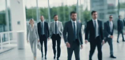 Business Professionals Walking Through Modern Office Lobby