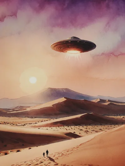 Two Figures Walking Toward A Flying Saucer In Desert