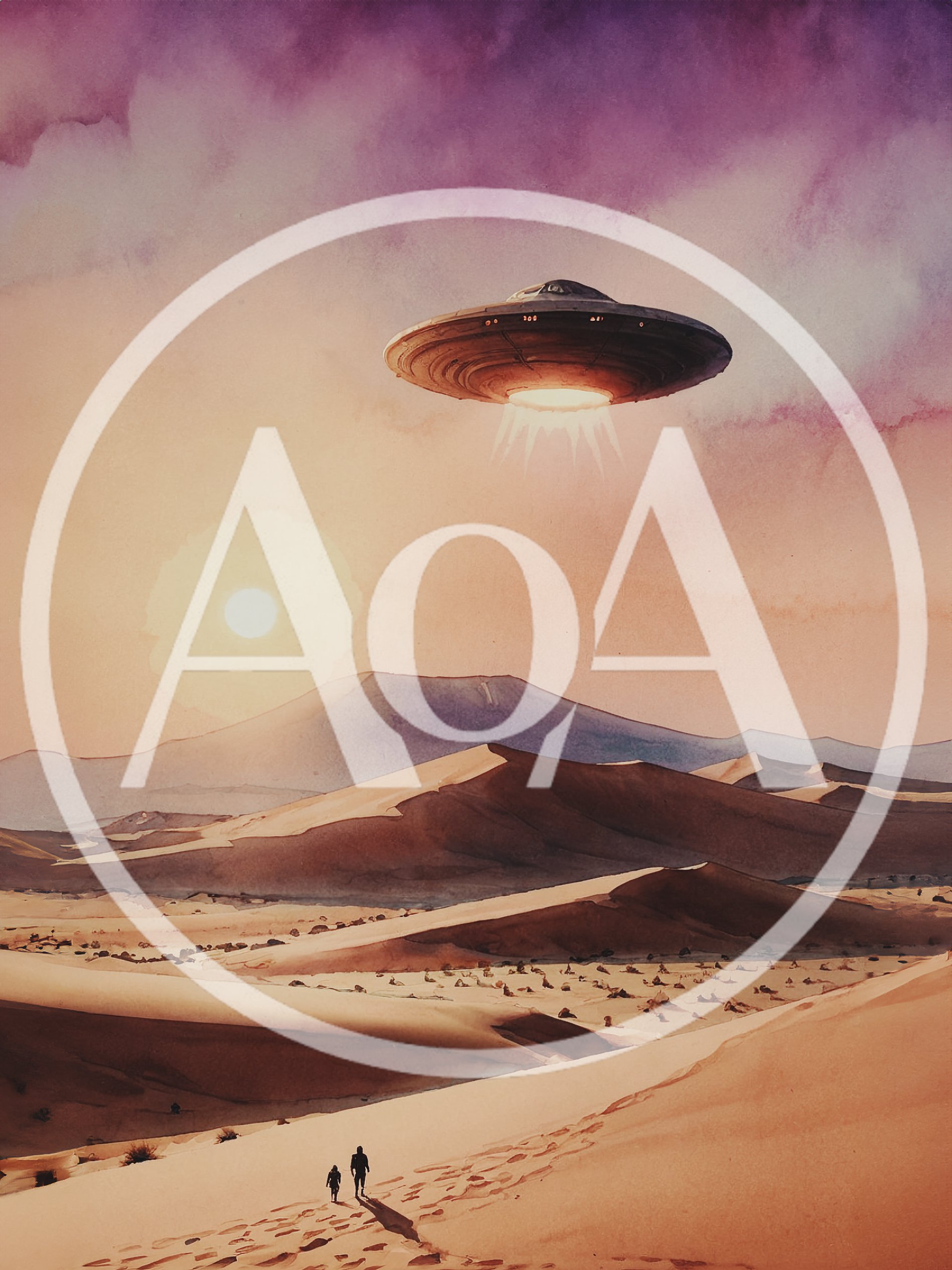 Two Figures Walking Toward A Flying Saucer In Desert