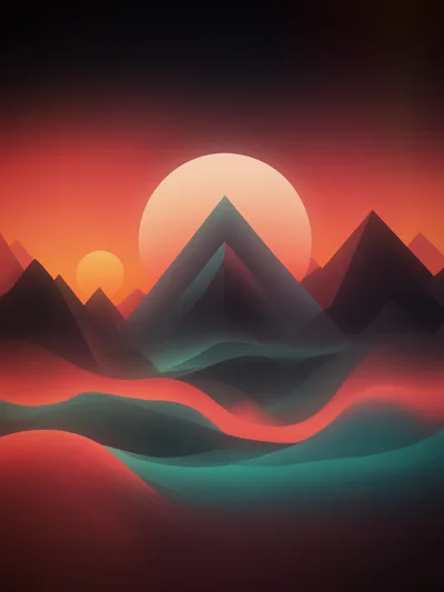 Abstract Geometric Mountain Landscape With Glowing Sun