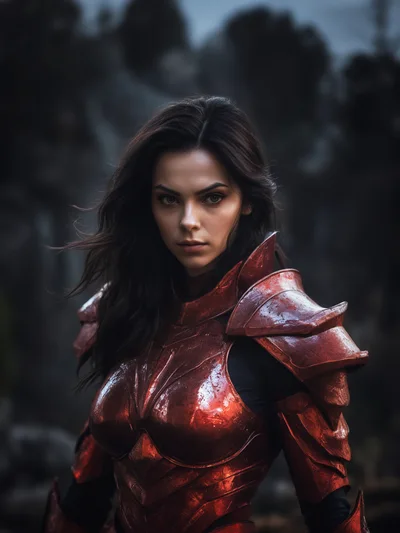 Portrait Of A Female Warrior In Red Armor