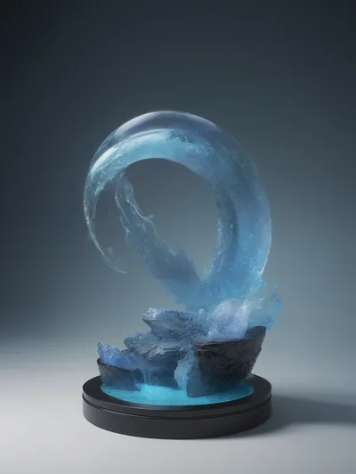 Abstract Blue Water Wave Sculpture On Display Stand
