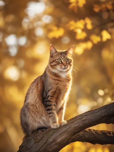 Tabby Cat Sitting On A Tree Branch In Autumn
