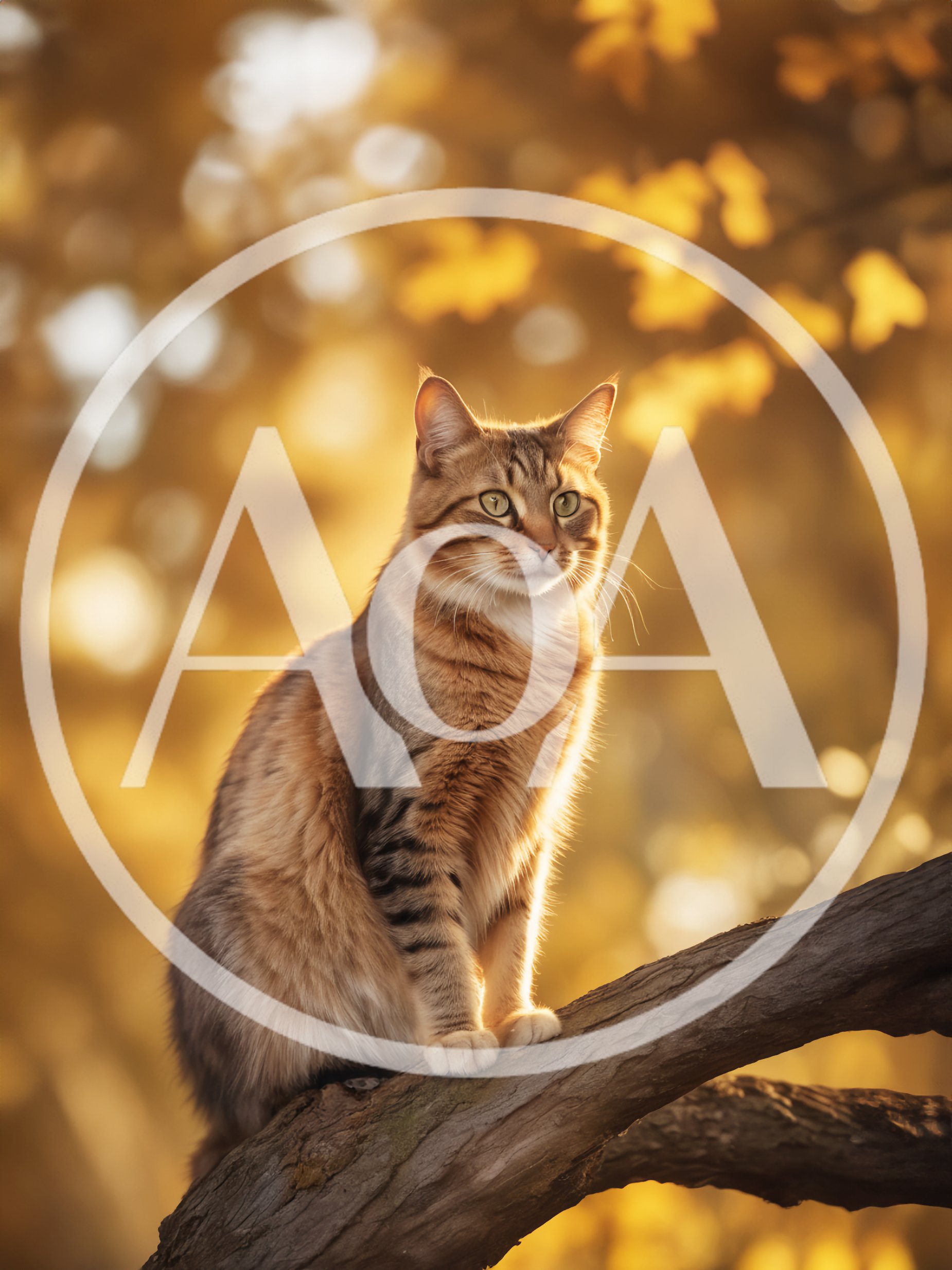 Tabby Cat Sitting On A Tree Branch In Autumn
