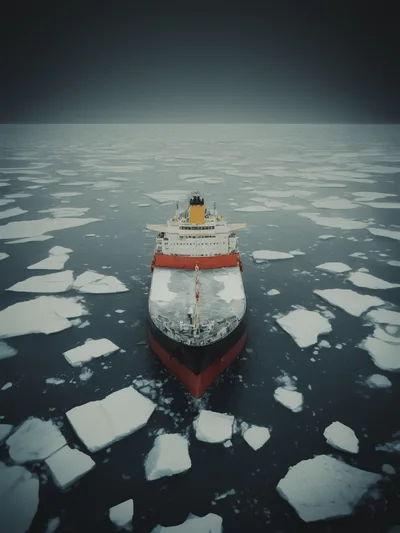 Icebreaker Ship Navigating Through Arctic Sea Ice