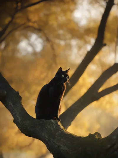 Black Cat Perched On A Tree Branch At Sunset