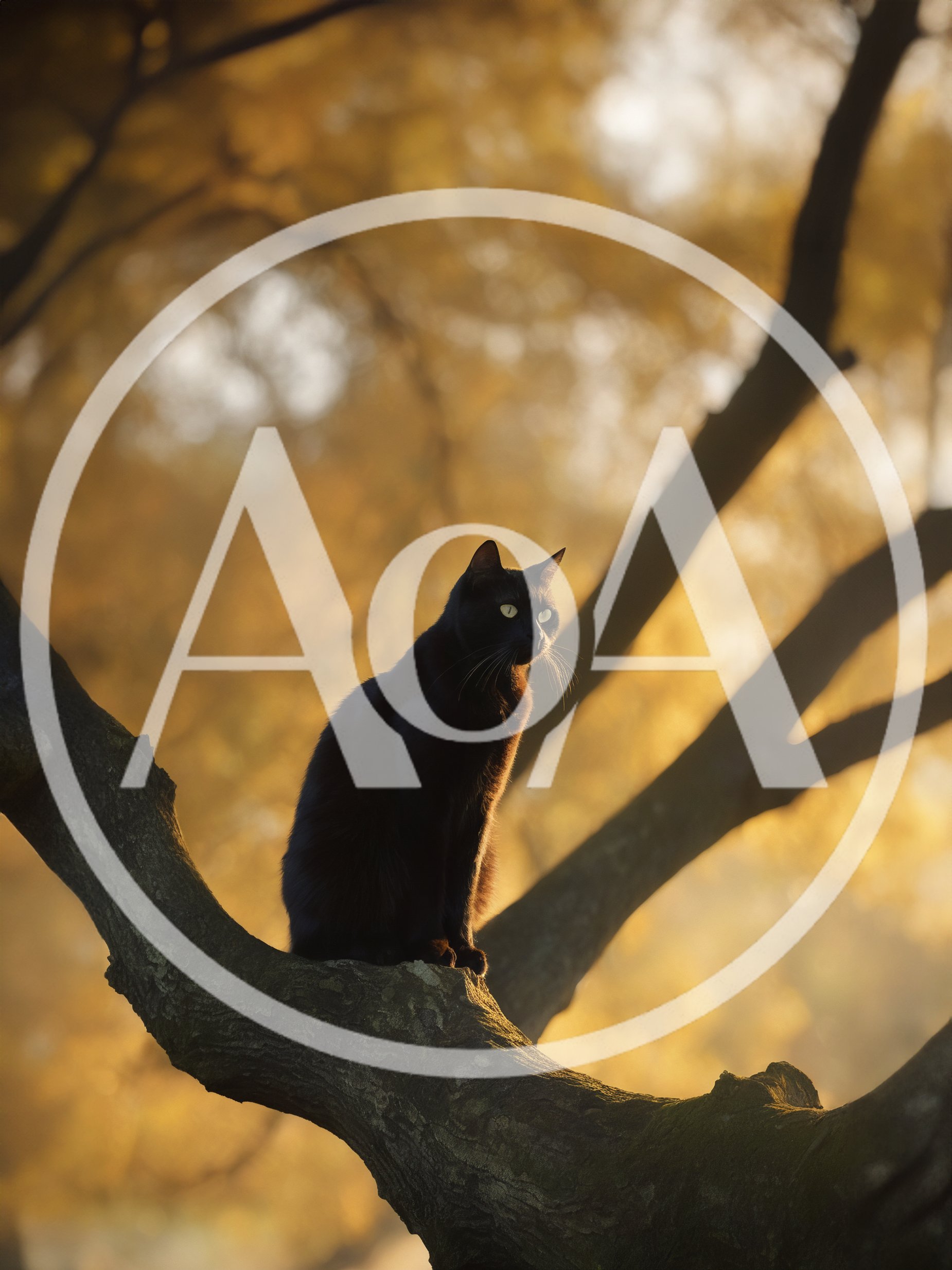 Black Cat Perched On A Tree Branch At Sunset