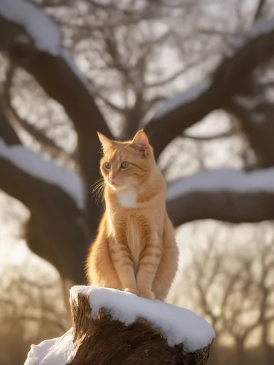 Orange Tabby Cat Sitting On Snowy Tree Stump