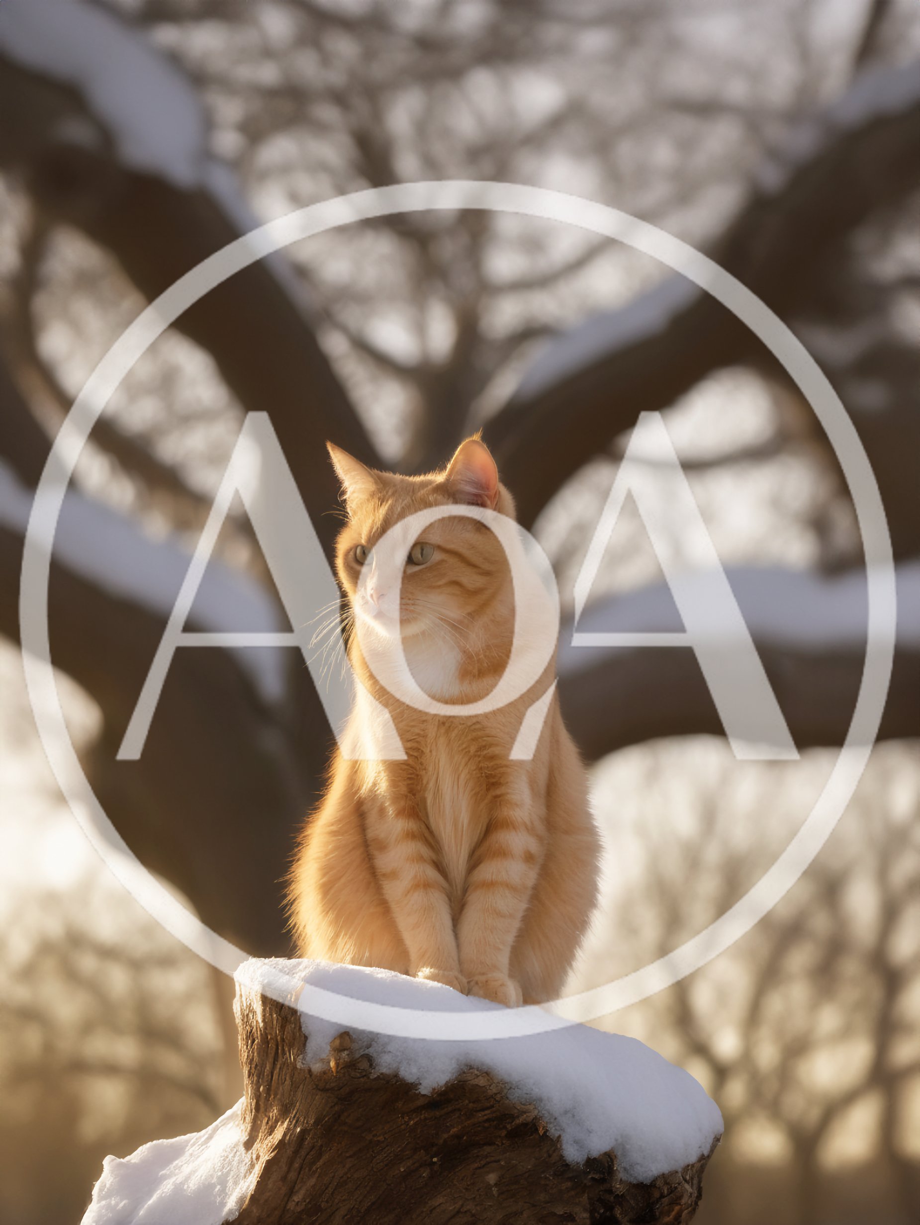 Orange Tabby Cat Sitting On Snowy Tree Stump