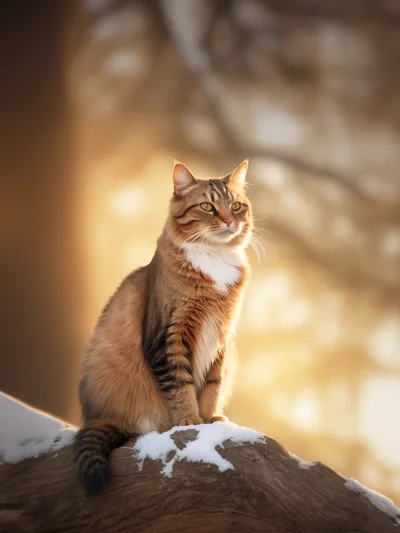 Majestic Tabby Cat Sitting on Snow Covered Log