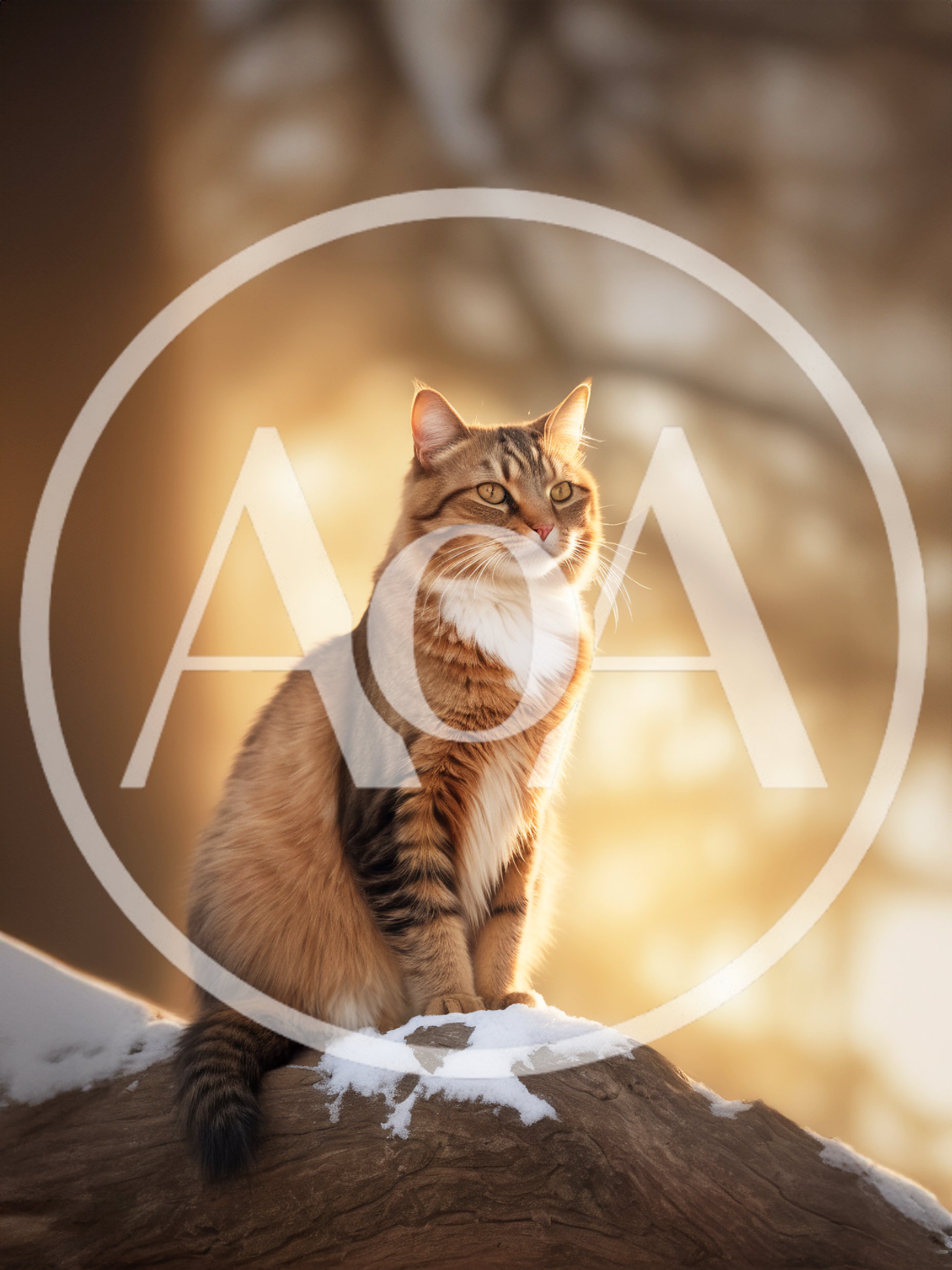 Majestic Tabby Cat Sitting on Snow Covered Log