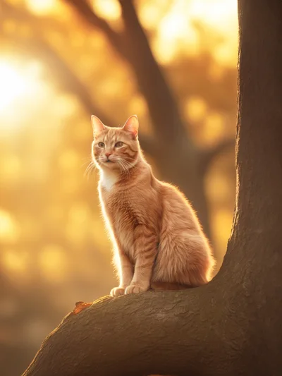 Ginger Tabby Cat Sitting On A Tree Branch