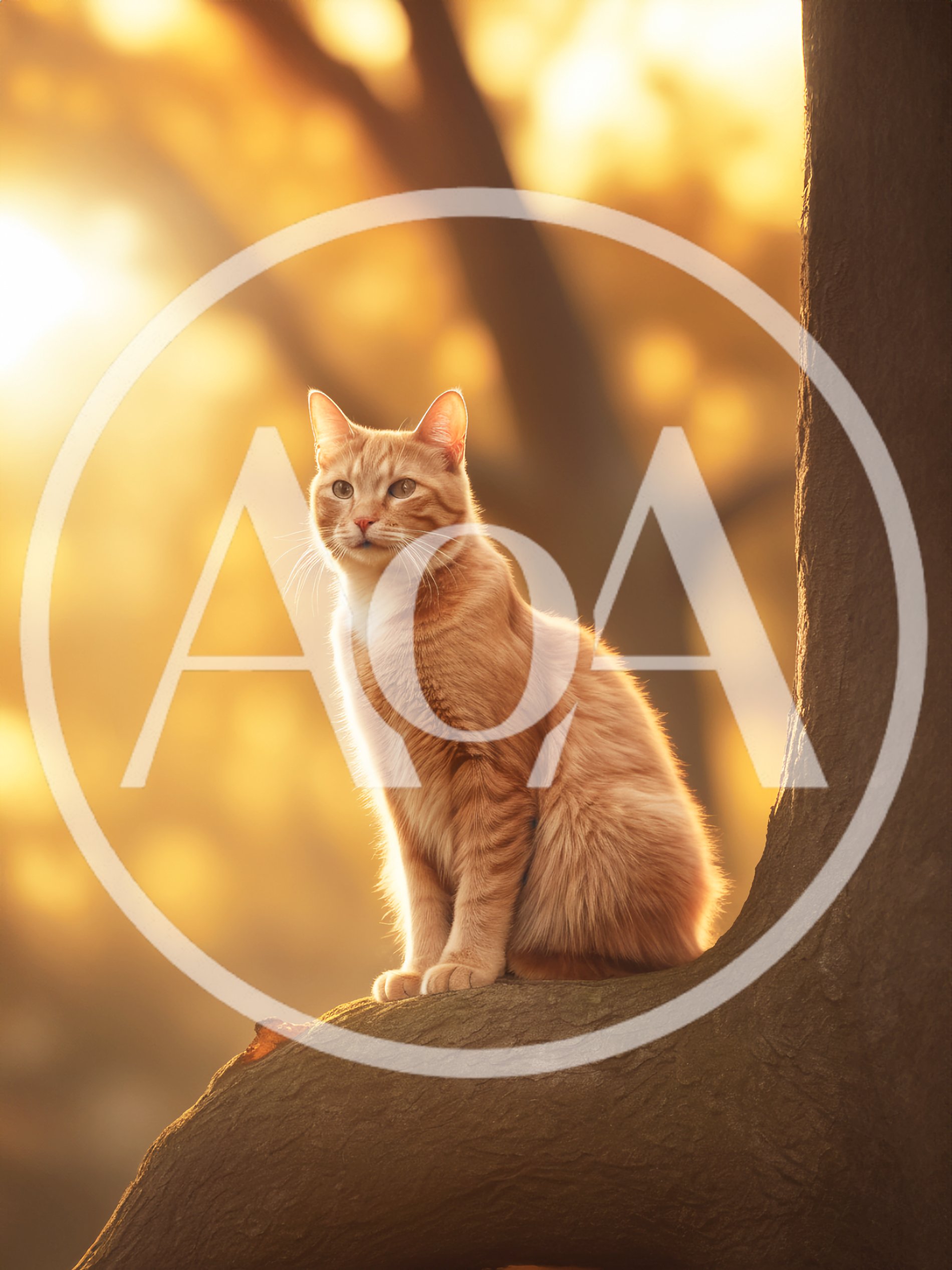 Ginger Tabby Cat Sitting On A Tree Branch