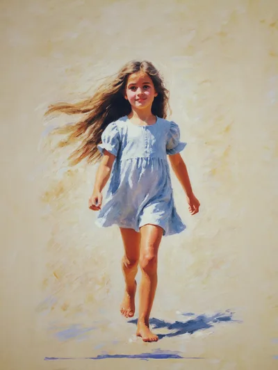 Young Girl Walking Barefoot In A Light Blue Dress