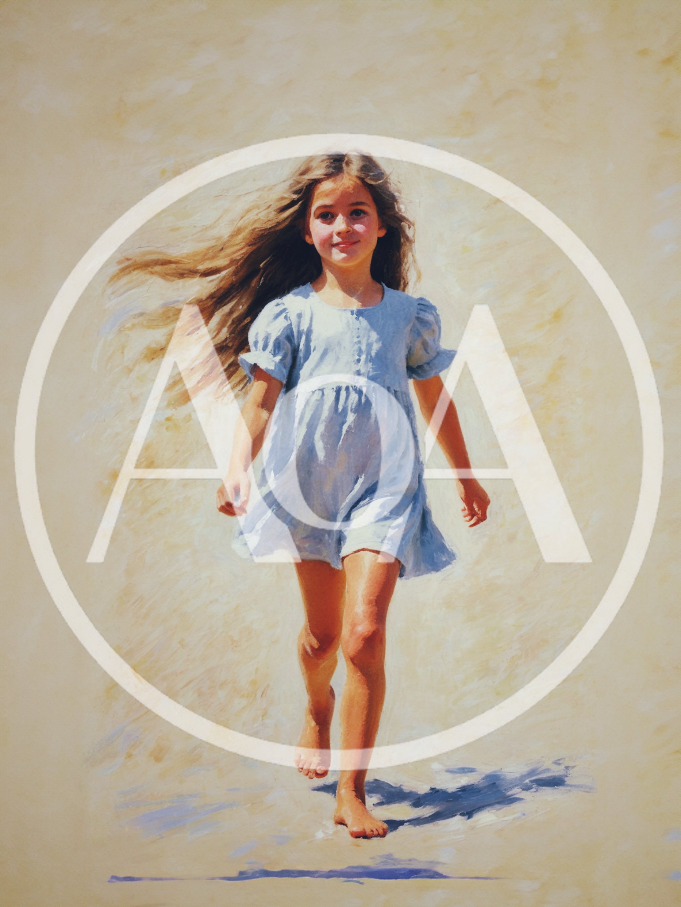 Young Girl Walking Barefoot In A Light Blue Dress