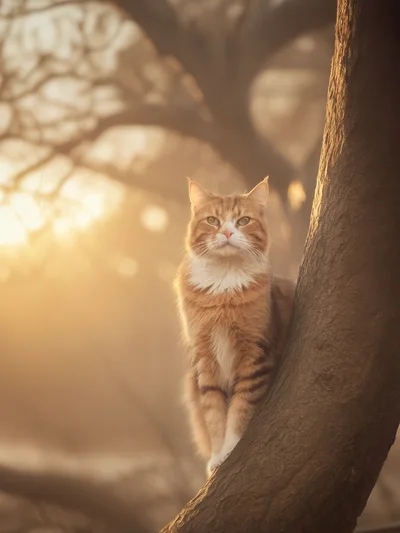 Ginger Tabby Cat Perched On A Tree Trunk